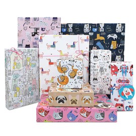Dog and Cat Wrapping Paper,70 x 50cm White Pink Kitten Puppy Pattern Gift Wrapping Paper 9 Folded Sheet with Gift Tags and String for Kids Pet Birthday Baby Showers Christmas Boy Girl Gift Wrap