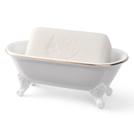 NEWHENGS 6.5" Ceramic Mini Decorative Clawfoot Bathtub Bar Soap Dish, Kitchen Sponge Holder and Shower Tray for Bathroom, 1 Pack(White Gold Rim)