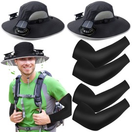 Glitopper 2 Set Wide Brim Solar Fan Hats with 2 Solar Fan and Arm Sleeves Set Outdoor Fishing Bucket Hat for Men Women Hiking(Black,Simplicity)