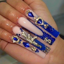 RUOKEXIN Long Square Press on Nails French Tip Fake Nails Blue False Nails with Gold Charms Designs Sparkly Artificial Nails Long Square Glue on Nails Cute Stick on Nails for Women 24Pcs