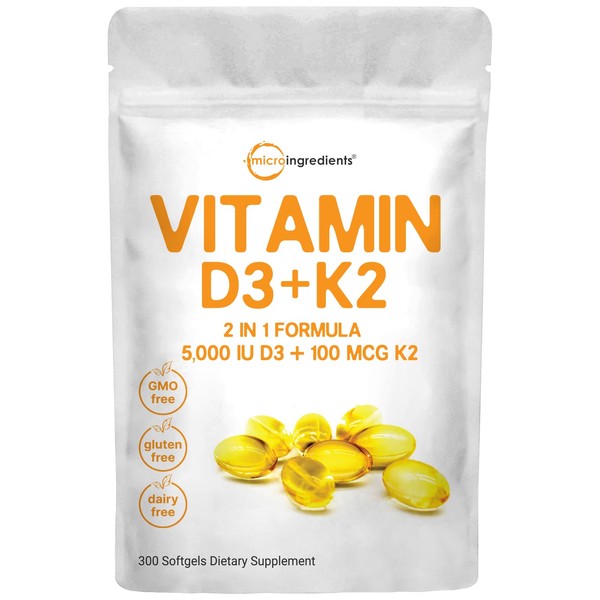 Micro Ingredients Vitamin D3 5000 IU with K2 100 mcg, 300 Soft-Gels | K2 MK-7 with D3 Vitamin Supplement, 2 in 1 Support Immune, Heart, Joint, Teeth & Bone Health - Easy to Swallow
