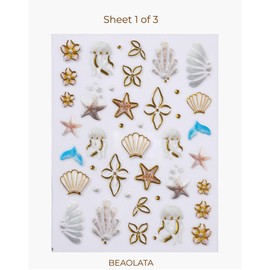 Sea Nail Stickers for Nail Art - 3 Sheets 5D Embossed Golden Isle Breeze Leaf Plant Designs Self-Adhesive Nail Decals for Women Manicure Salon Nails Art Decoration