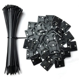 Oksdown 100 Pack Black Plastic Nylon Cable Ties with 60 Pieces Strong 25x25mm/1inch Self Adhesive Wire Tidy Clips Mount Base Holders Small Zip Tie 150×2.5mm(6×0.1inch) for Cable Management