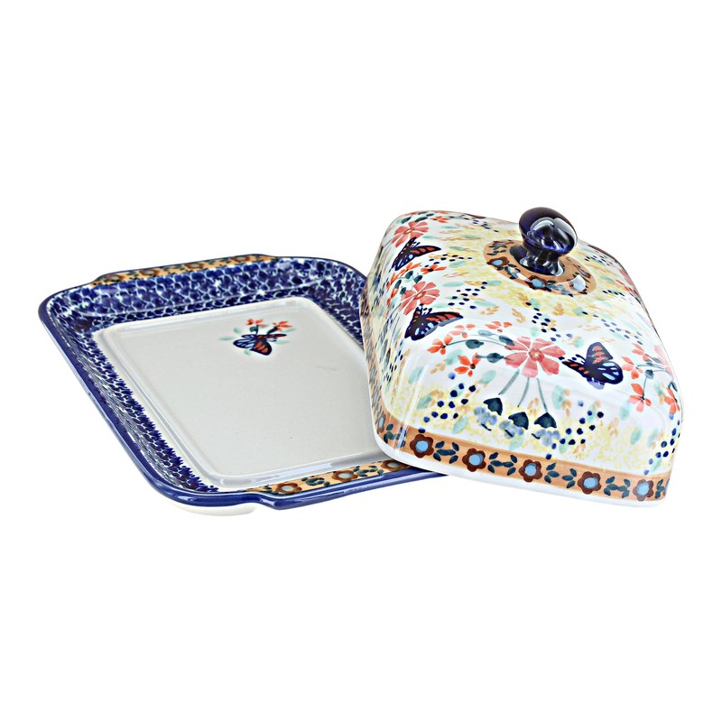 Blue Rose Polish Pottery Red Daisy Large Butter Dish