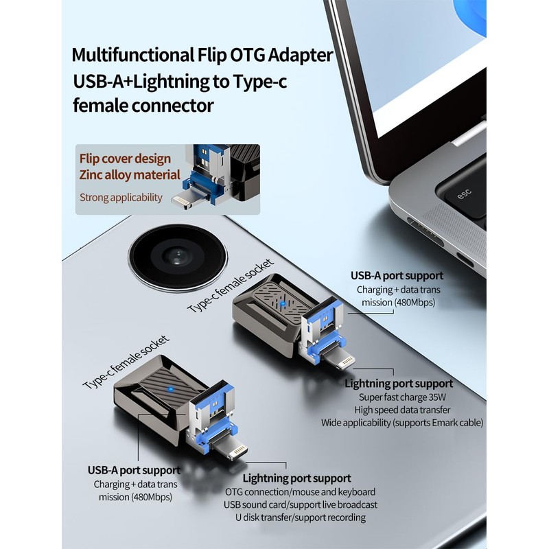 Apitiong Lightning OTG Adapter USB C, 2-in-1 Type C Lightning