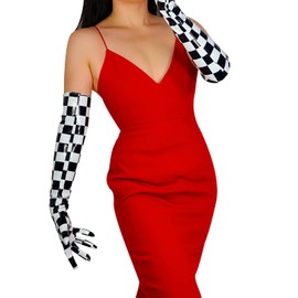 DooWay Guantes de piel sintética para mujer, aspecto mojado, 60,96 cm, piel sintética de charol sintético, para disfraz de noche, danza, desfile, Cuadros blancos y negros., M