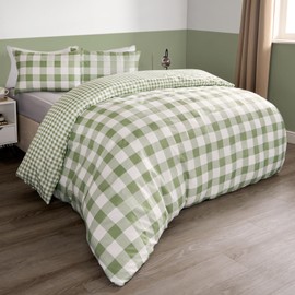 OHS Green Gingham Check Bedding Set, Single Duvet Covers Check Bedding with Pillowcases Super Soft Microfibre Tartan Plaid Luxury Decorative, Sage & White