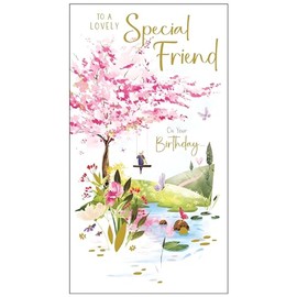 Friend Female Birthday Card - Lovely Special Friend - Blossom Tree - Artistic Scenic Design - Special Finishes and Illustrated Insert Leaf - Made in the UK