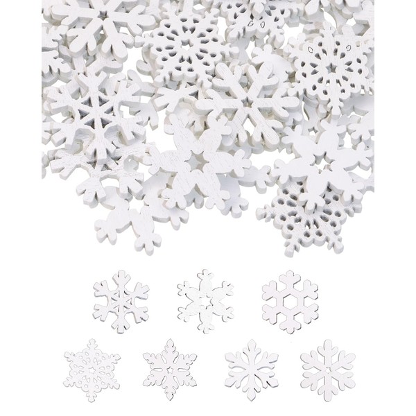 PPhtony 80PCS Snowflake Decorations Wood Slices Ornaments Christmas Cutouts Buttons Tags for Xmas Tree Hanging Painting DIY Crafts Projects Gifts Bags Holiday Party School Home Activity, 20MM, White