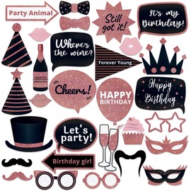 Premium Birthday Photo Booth Props Kit - 30 pc, Pink Glitter - Happy Birthday Party Fun Photobooth Selfie Accessories - for Adults & Kids - Funny Photoshoot w/Friends - by PixiPy