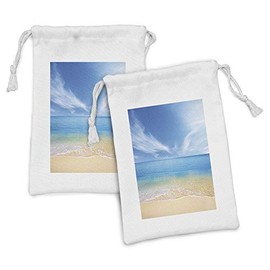 Lunarable Ocean Fabric Pouch Set of 2, Sandy Beach in Summer at a Hot Island with Clean Sky and Sea Picture, Small Drawstring Bag for Toiletries Masks and Favors, 9" x 6", Sand Brown Blue and Aqua