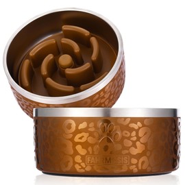 FAHRMOSIS 64 OZ Dog Bowl with Slow Feeder Insert Stainless Steel Pet Water Bowl for Medium & Large Breed Non Slip Rubber Base & Plastic Puzzle Feeder - Gold Leopard