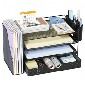 Organizador de escritorio, organizador de papel de 4 niveles con soporte para archivos, cajn y 2 soportes para bolgrafos, organizador de archivos de  