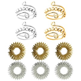Pack of 10 Anti-Stress Ring Set, 4 Adjustable Rotating Rings and 6 Acupressure Rings, Fidget Ring for Stress Relief, Anxiety Ring, Ideal for Adults and Children (Gold Silver)