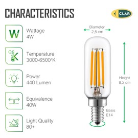 CLAR - Cooker Hood Bulb, Cooker Hood Bulb, Whirlpool Fridge Bulb, Cooker Hood Bulb, Small LED Bulb, 4W 230V 3000ºK (Pack of 5)
