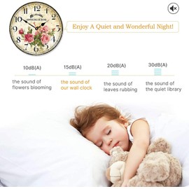 Toudorp Wood Pink Roses Wall Clock, 12 Inch Arabic Numeral Silent Clocks, Decorative Unusual Vintage Retro Wall Clocks for Kitchen Bedroom Living Room Bathroom Office