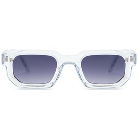 RUNHUIS Vintage Rectangular Sunglasses for Men and Women, Retro Hexagon Small Thick Frame Tinted Chunky Glasses, Transparent/Purple Grey