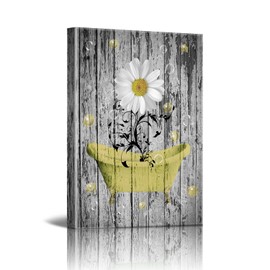 Daisy Canvas Pictures Bathroom Wall Art Modern Flower Bathtub Artwork Rustic Wood Board Background Wall Art Decor Living Room Bedroom Office Home Wall Decor Framed Ready to Hang yellow Size 12x16 inch