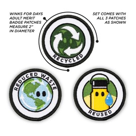 Winks For Days - Parche bordado para planchar con insignia de mérito para adultos (ambiental, juego 1) - Incluye tres (3) parches de 2 pulgadas: residuos reducidos, reciclados y reutilizados