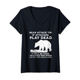Womens Bear Attack Tip Funny Camping Sarcastic Hiking Men Women V-Neck T-Shirt