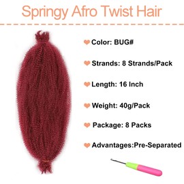 Mscat 16 Inch Pre-Separated Springy Afro Twist Hair 8 Packs Bungundy Marley Twist Crochet Braiding Synthetic Hair Extensions (8 Strands/Pack,BUG#)