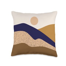 Peach And Brown Nature And Sunshine Scenery Art Boho Mountain Abstract Landscape with Sun and Dotted Hills Throw Pillow, 16x16, Multicolor