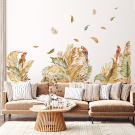 Palm Leaves Wall Decals Boho Tropical Plant with Birds Wall Stickers Nature Theme Peel and Stick Decoration for Living Room Sofa TV Background Decor (Tropical Leaves)