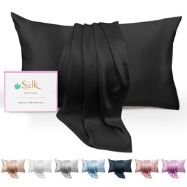 FCHJXTL Premium Mulberry Silk Pillowcase for Hair and Skin,Silk Pillow Cases with Hidden Zipper,Cooling Black Silk Pillowcase for Sleeping Women,1 Piece (Black, Standard)
