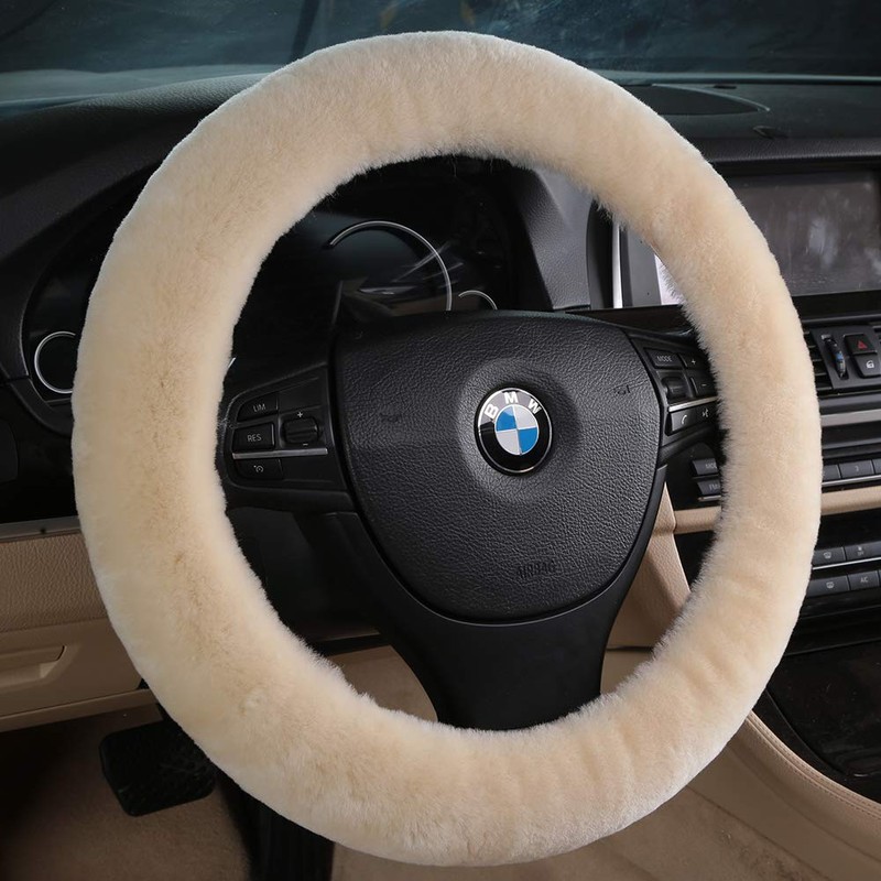 Soft Fluffy Warm Genuine Sheepskin Car Steering Wheel Cover, Fuzzy