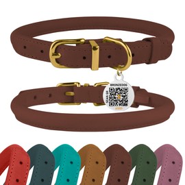 BRONZEDOG Rolled Leather Dog Collar with QR ID Tag, Adjustable Soft Round Collars for Small Medium Large Dogs Puppy Cats (Cognac Brown, 40-48cm)