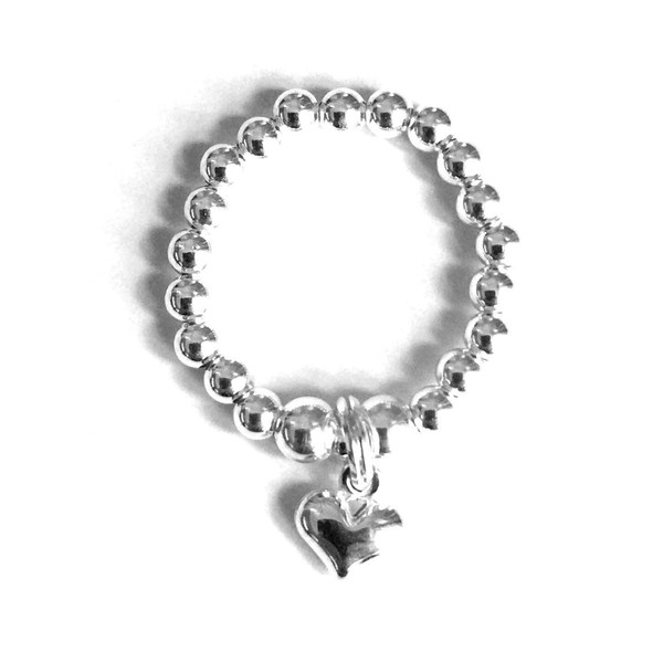 Sterling Silver 925 Beaded Stretch Puff Heart Charm Ring