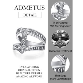 ADMETUS Thor Hammer Ring Sterling Silver Viking Rings for Men Viking Norse Rune Ring Jewellery Gifts Mjolnir Rings Size Z+2.5