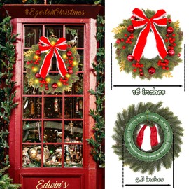 Christmas Wreath 16 Inch Green Artificial Front Door Wreath with Pine Cones Berries Balls LED Fairy Light Decorations for Fireplace Outdoor Indoor Party Wall Home Decor (Red)