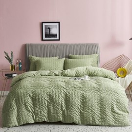 Freyamy Seersucker Bed Linen (155 x 220 cm), 2-Piece Set, Green, Embossed Stripes, Textured Bedding Sets, Plain, Brushed Microfibre, Soft Duvet Cover with Zip and 1 Pillowcase (80 x 80 cm)