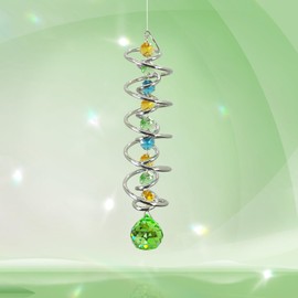 FONMY Gazing Ball Spiral Tail -Decorative Wind Spinner Sun Catcher Rainbow Maker Double-Spiral W/Green Crystal Ball and Chain Crystals for Indoor Outdoor Garden Decoration -14 inch Height