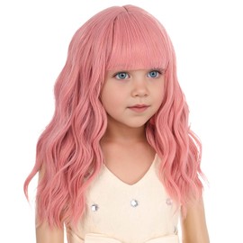 DUDUWIG Girls Pink Wig with Air Bangs Kids Short Lovely Pink Wavy Curly Wigs Child Light Pink Synthetic Cosplay Hair