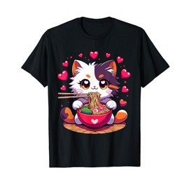 Anime Cat eating Ramen Noodles with Hearts Valentines Day T-Shirt