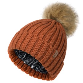 FURTALK Beanie Hats Women Satin Lined Knitted Hat Detachable Pompom Soft Feel Winter Hat Breathable for Girls Brown