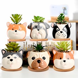 ETAKISH Dog Planter Pots - 6 Pack Ceramic Succulent Pots with Drainage and Saucers, Cute Flower Pots for Indoor Plants, Small Plant Pots Dog Vase for Succulent, Cactus, Garden, Home Decor, Gift Set