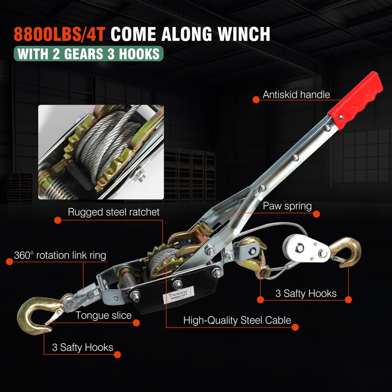 Come Along Winch,4-Ton (8800lbs) Pulling Capacity, Heavy Duty Power Cable