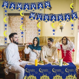 Ramadan Decorations 2025, Fufuddz Eid Mubarak Table Cloth Plastic Disposable Table Cover Rectangle Tablecloth & Ramadan Kareem Banner Moon Star Garland for Islamic Party Decor Gifts for Women