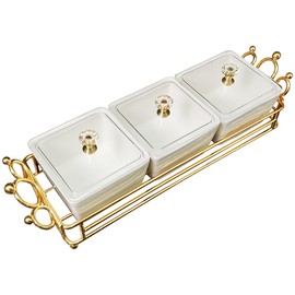 YA JU Ceramic Bowls and with Lid Gold Basket Trays, 3 Removable Small Bowls Condiment Trays Nut Serving Set for Snacks, Fruits, Candy and Condiments - Great for Parties, Holiday Gifts, White