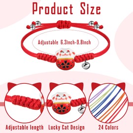 Kigeli 24 Pcs Lucky Cat Bracelets Cute Maneki Neko Adjustable Fortune String Feng Shui Bracelet Ceramic Lucky Cat with Bell for Women