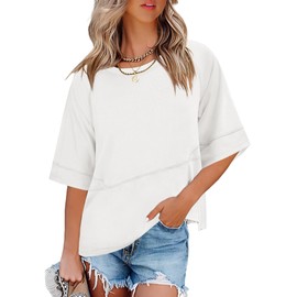 ANRABESS Womens Tops Crewneck Half Sleeve Loose Fit T Shirts Solid Cute Flowy Shirts Summer Casual Tees 2025 Trendy Outfits White X-Large