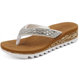 ONCAI Flip Flops Women with Rhinestone，Arch Support Orthopedic Sandal for Women 2025 Casual Summer Comfortable with Ladies Recovery Sandal Plantar Fasciitis Walking Outdoor WhiteKhaki size 8.5