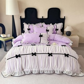 Ruffle Beddding Set with Bowtie,Chic Lace Bedding,Girls Twin Aesthetic Comforter Cover Set,Romantic French Princess Style Ruffled Duvet Cover with Lovely Bow with Zipper Closure