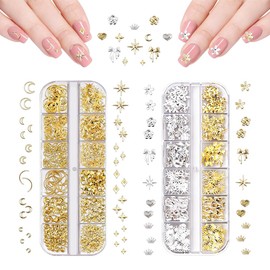 Nail Parts, 2 Boxes, Gel Nails, 3D, Cute, Fashionable, Moon, Star, Heart, Flower, Bowknot, Ribbon, Crown, Various Types, Alloy Material, DIY, Craft Material, Handmade