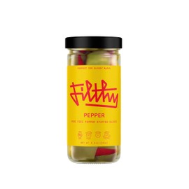 Filthy Pepper Stuffed Olives, Premium Cocktail Garnish, Piri Piri Pepper Stuffed Olives, Non-GMO, Gluten Free, Vegan, Naturally Cured Queen Olives Hand Stuffed in the USA, 8.5 Oz Jar, 14 Olives