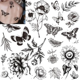 Tazimi 6 Sheets Flower Butterfly Temporary Tattoos For Women Girls Long Lasting Realistic Waterproof Fake Tattoos Arm Legs Chest Body Art Sketch Tattoo Stickers