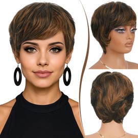 RUWISS Pixie Cut Wig Human Hair – Short Wigs for Black Women with Bangs, Natural Layered Wavy Wig, Glueless, 1B/30#